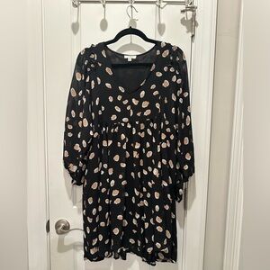 Umgee Black Long-Sleeve V-Neck Dress with Beige Spot Print